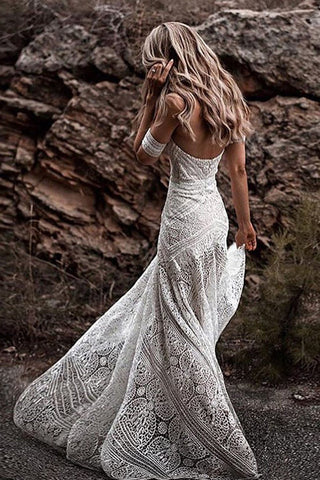 Ivory Lace Rustic Boho Beach Wedding Dress with Sweetheart Neckline, WD230226102