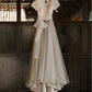 Lace and Tulle Silver Country Wedding Dress with Sash and Short Sleeves, WD2304116