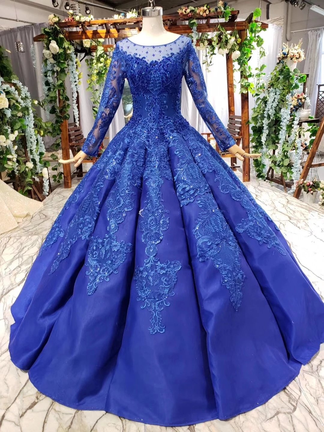 Royal Blue Appliqued Ball Gown Long Sleeve Prom Dress | JLDressCA Royal Blue Appliqued Ball Gown Long Sleeve Prom Dress | JLDressCA