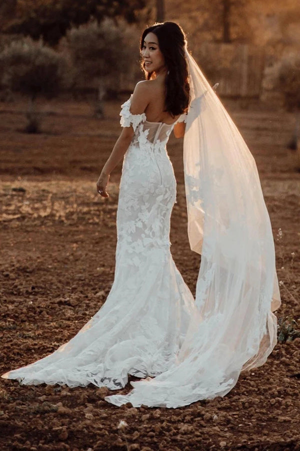 off the shoulder rustic wedding dress Bohemian Tulle Lace Off-the-Shoulder Beach Wedding Dresses, Bridal Gown, MW687
