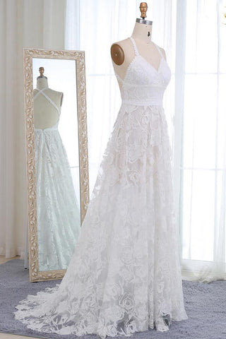 Lace Straps A-line V-neck Long Wedding Dress, WD23022336