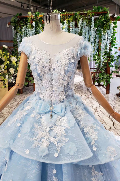 Light Sky Blue Floral Ball Gown Dress with Beads, PD23022220
