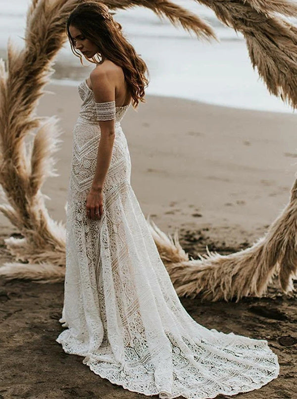 Ivory Lace Rustic Boho Beach Wedding Dress with Sweetheart Neckline | JLDressCA Ivory Lace Rustic Boho Beach Wedding Dress with Sweetheart Neckline | JLDressCA