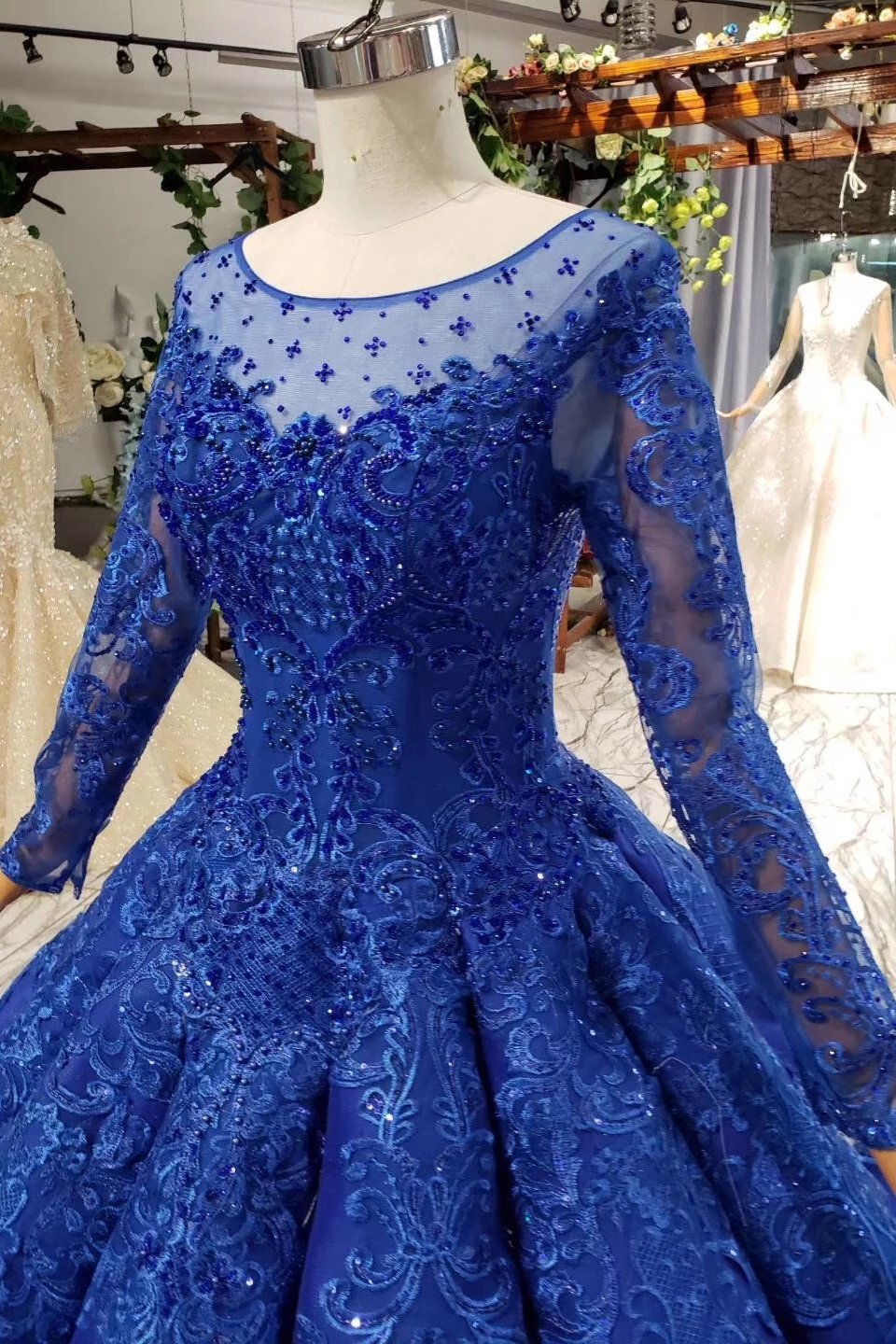 royal blue lace long sleeve prom dress Light Blue Lace Embroidery Long Sleeves Ball Gown Prom Dresses Tea Length