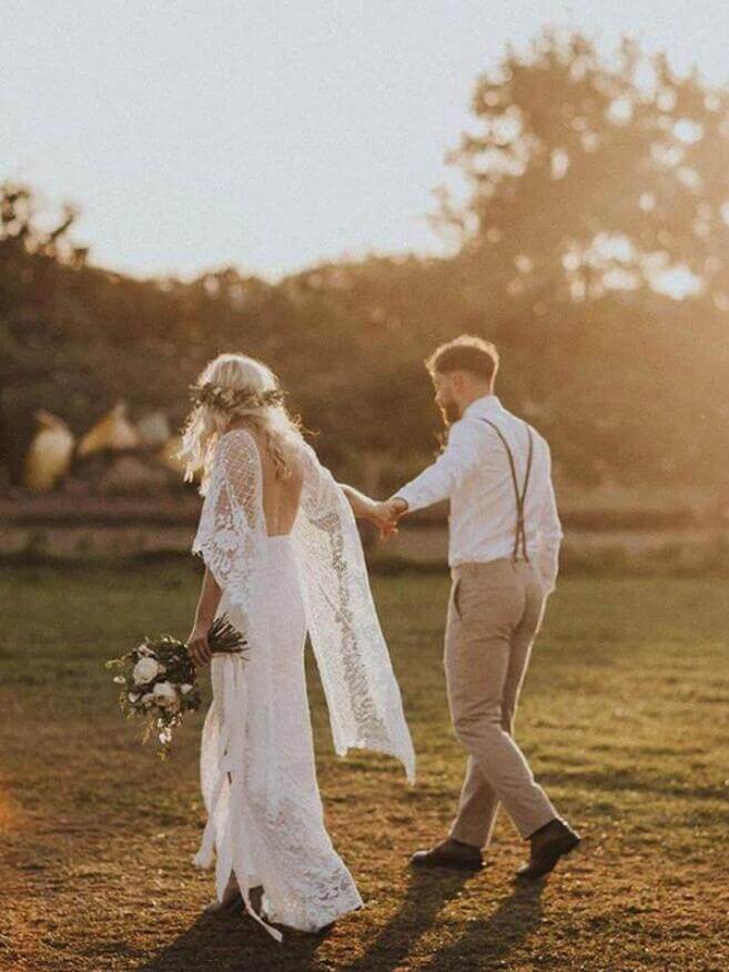 Ivory Lace Boho Sheath Wedding Dress with Batwing Sleeves - JLDressCA Ivory Lace Boho Sheath Wedding Dress with Batwing Sleeves - JLDressCA
