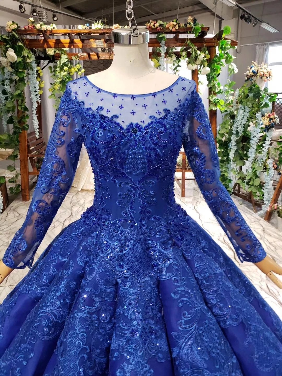 Royal Blue Appliqued Ball Gown Long Sleeve Prom Dress | JLDressCA Royal Blue Appliqued Ball Gown Long Sleeve Prom Dress | JLDressCA