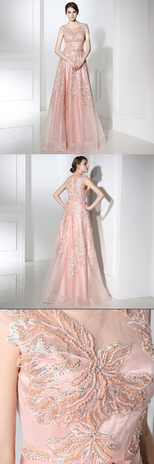 Pink Applique Sequins Long Prom Dresses Cap Sleeve Evening Dresses A-Line Formal Dresses