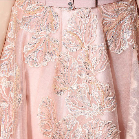 Pink Applique Sequins Long Prom Dresses Cap Sleeve Evening Dresses A-Line Formal Dresses