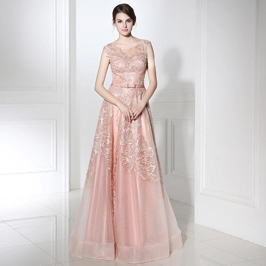 Pink Applique Sequins Long Prom Dresses Cap Sleeve Evening Dresses A-Line Formal Dresses
