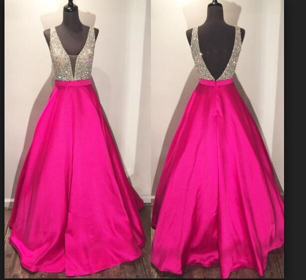 hot pink prom dress, beaded prom Dress, A-line prom dress, charming prom dress, satin prom dress, BD392