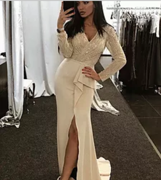 formal long sleeves v-neck side slit long prom dress, PD5586