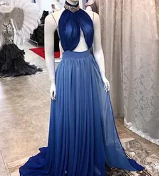 formal blue chiffon high neck backless long prom dress, PD5588