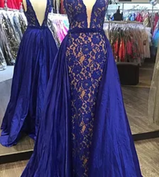 formal unique v-neck royal blue lace long prom dresses, PD5589