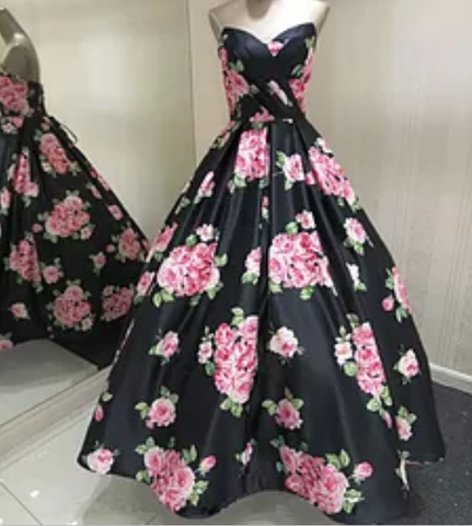 formal A-line strapless black long flower prom dress, PD5590