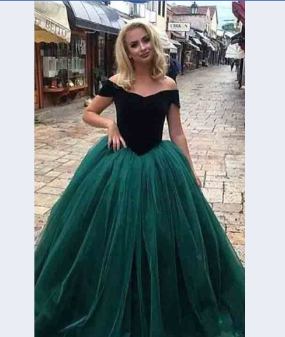 elegant off shoulder dark green A-line formal long prom dress, PD558