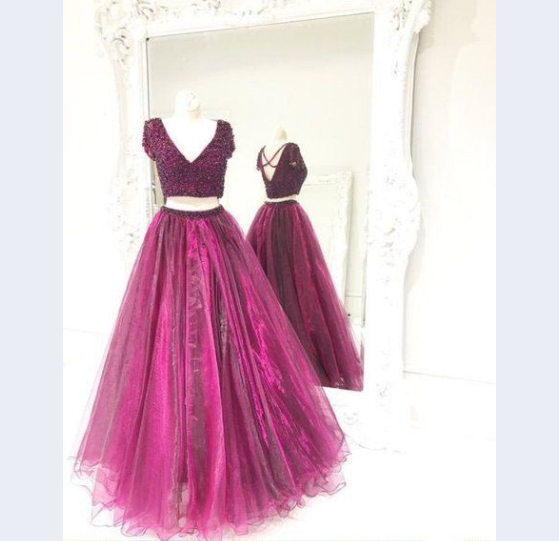 short sleeves v-neck two pieces purple long prom dress, PD557