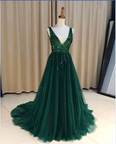 v-neck green tulle long sparkle prom dress, PD447