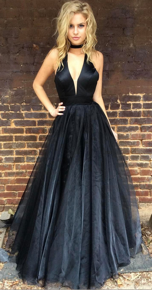 formal v-neck black long prom dress, PD0118
