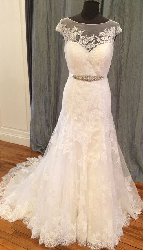 elegant scoop cap sleeves long mermaid ivory lace wedding dress, WD102