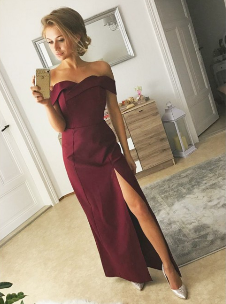 off shoulder simple elegant burgundy long prom dress with side slit, PD0506