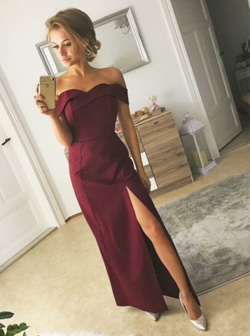off shoulder simple elegant burgundy long prom dress with side slit, PD0506