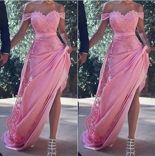 lace off shoulder pink long prom dress, PD9776