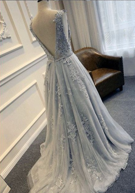 gray prom dress, long prom dress, lace applique prom dress, charming prom dress, A-line evening gown, BD276