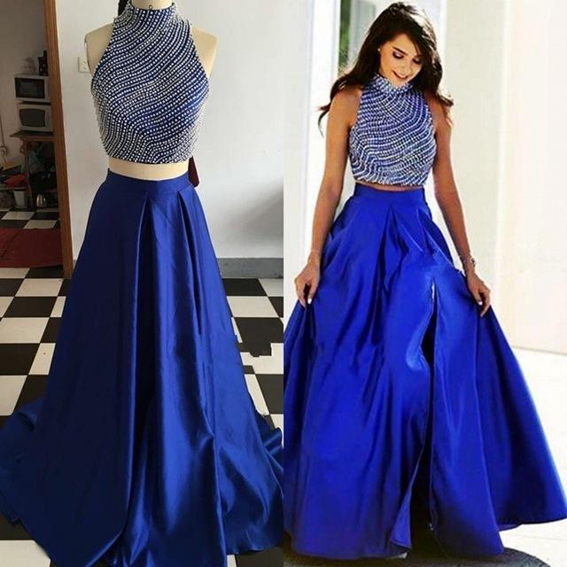 two pieces royal blue beaded top side slit long prom dress, PD8880