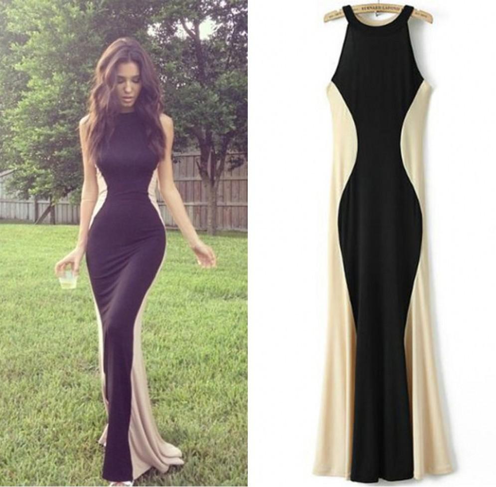 simple black and ivory fitted long prom dress, PD40003