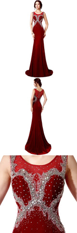 Red Beaded Long Prom Dresses Velvet Evening Dresses Mermaid Formal Dresses