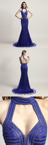 Royal Blue Beaded Long Prom Dresses Mermaid Evening Dresses Backless Formal Dresses