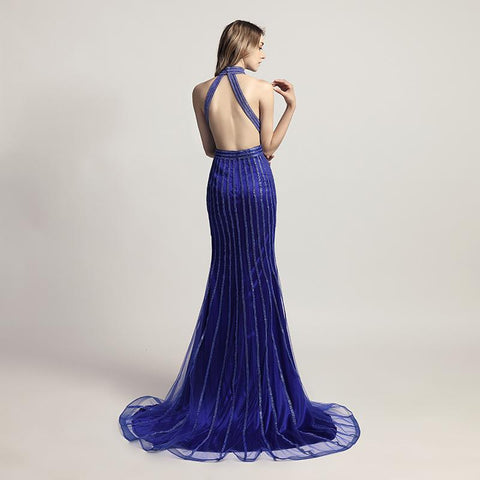 Royal Blue Beaded Long Prom Dresses Mermaid Evening Dresses Backless Formal Dresses