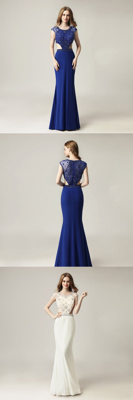 Royal Blue Beaded Long Prom Dresses Mermaid Evening Dresses Cap Sleeve Formal Dresses