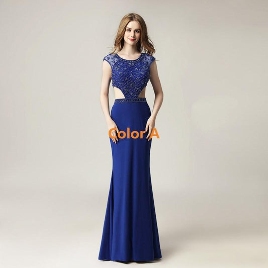 Royal Blue Beaded Long Prom Dresses Mermaid Evening Dresses Cap Sleeve Formal Dresses