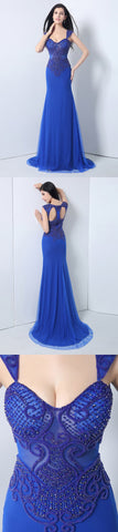 Royal Blue Long Prom Dresses Beaded Evening Dresses Mermaid Formal Dresses