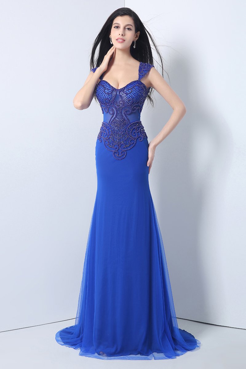 Royal Blue Long Prom Dresses Beaded Evening Dresses Mermaid Formal Dresses