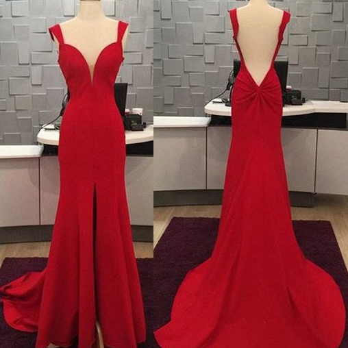 simple red backless chiffon slit long prom dress, PD9881