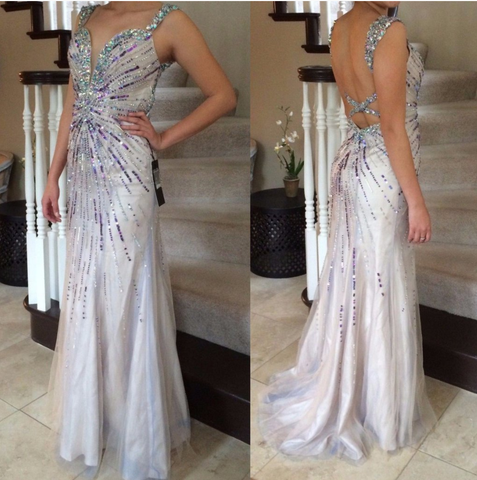 spaghetti straps backless mermaid rhinestones long prom dress, PD9882