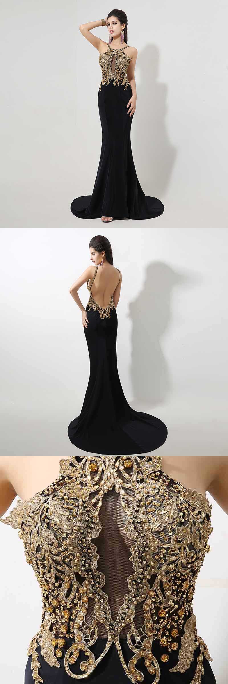 Sexy Beaded Applique Long Prom Dresses Gold Mermaid Evening Dresses Backless Formal Dresses