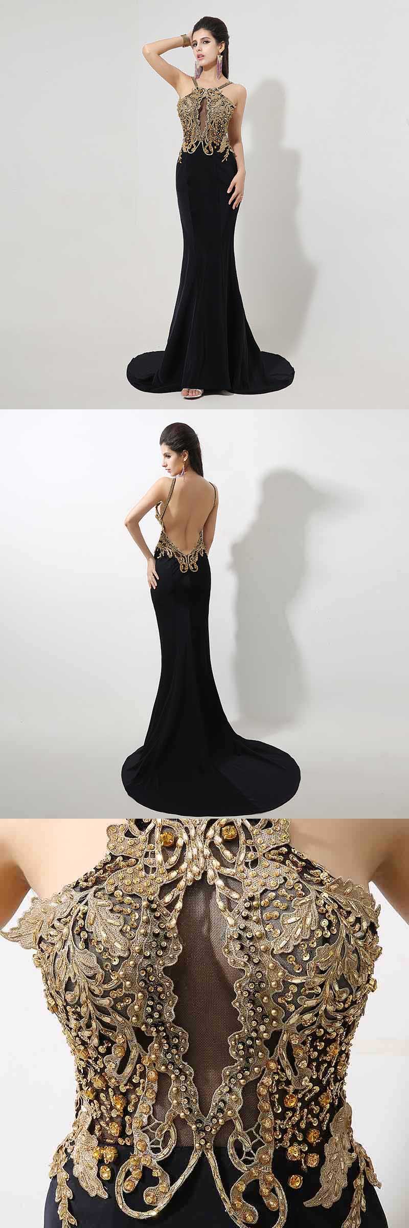 Sexy Beaded Applique Long Prom Dresses | Gold Mermaid Evening Dresses | JLDressCA Sexy Beaded Applique Long Prom Dresses | Gold Mermaid Evening Dresses | JLDressCA