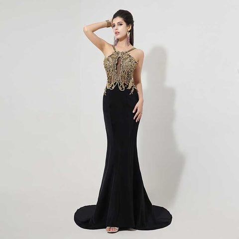 Sexy Beaded Applique Long Prom Dresses Gold Mermaid Evening Dresses Backless Formal Dresses