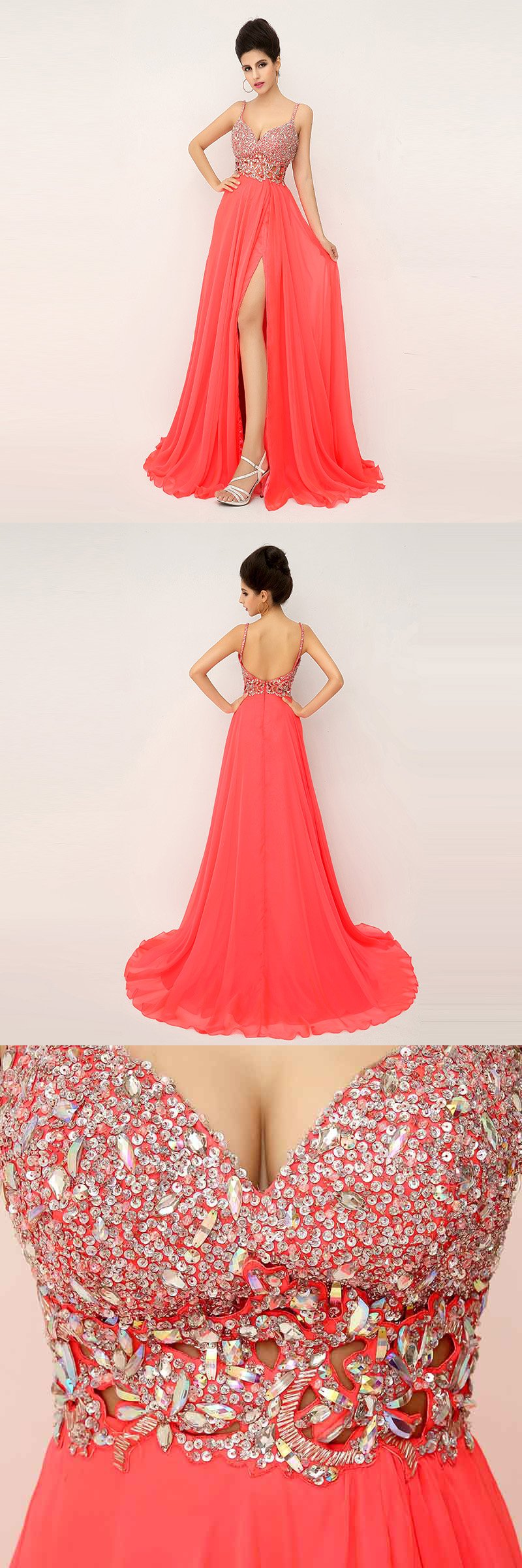 Sexy Beaded Long Prom Dresses Backless Spaghetti Straps Evening Dresses A-Line Formal Dresses