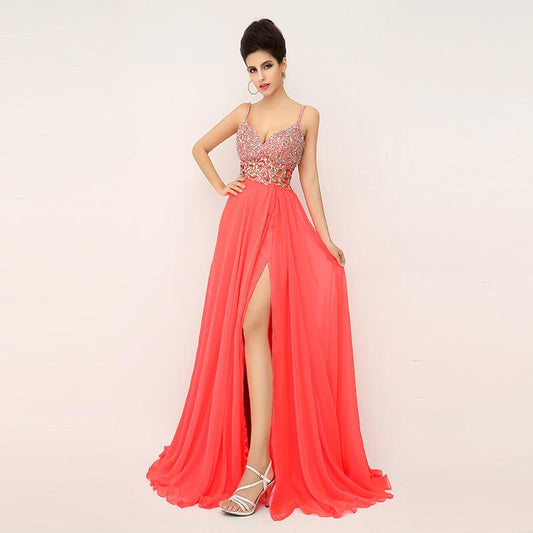 Sexy Beaded Long Prom Dresses Backless Spaghetti Straps Evening Dresses A-Line Formal Dresses
