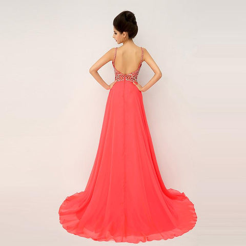 Sexy Beaded Long Prom Dresses Backless Spaghetti Straps Evening Dresses A-Line Formal Dresses