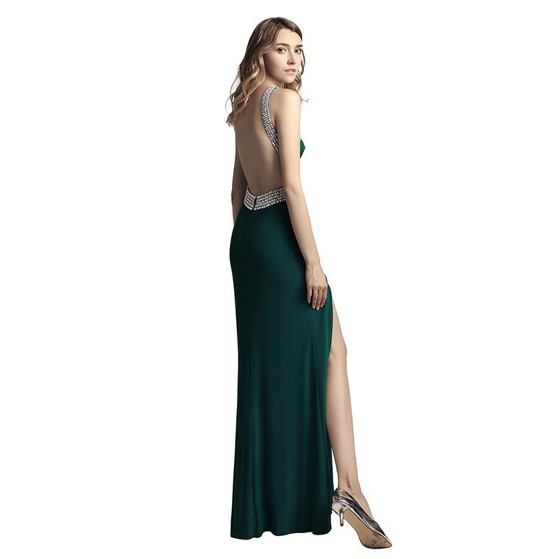 Sexy Beaded Long Prom Dresses Pearls Mermaid Evening Dresses Backless Sleeveless Formal Dresses with High Slit