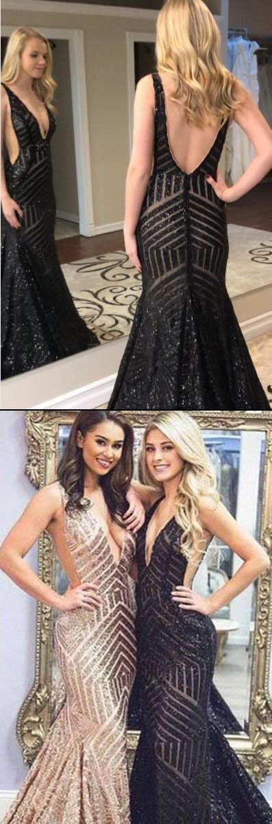 Sexy Deep V-Neck Rose Gold Sequins Mermaid Black Long Backless Prom Dresses JLDressCA Sexy Deep V-Neck Rose Gold Sequins Mermaid Black Long Backless Prom Dresses JLDressCA