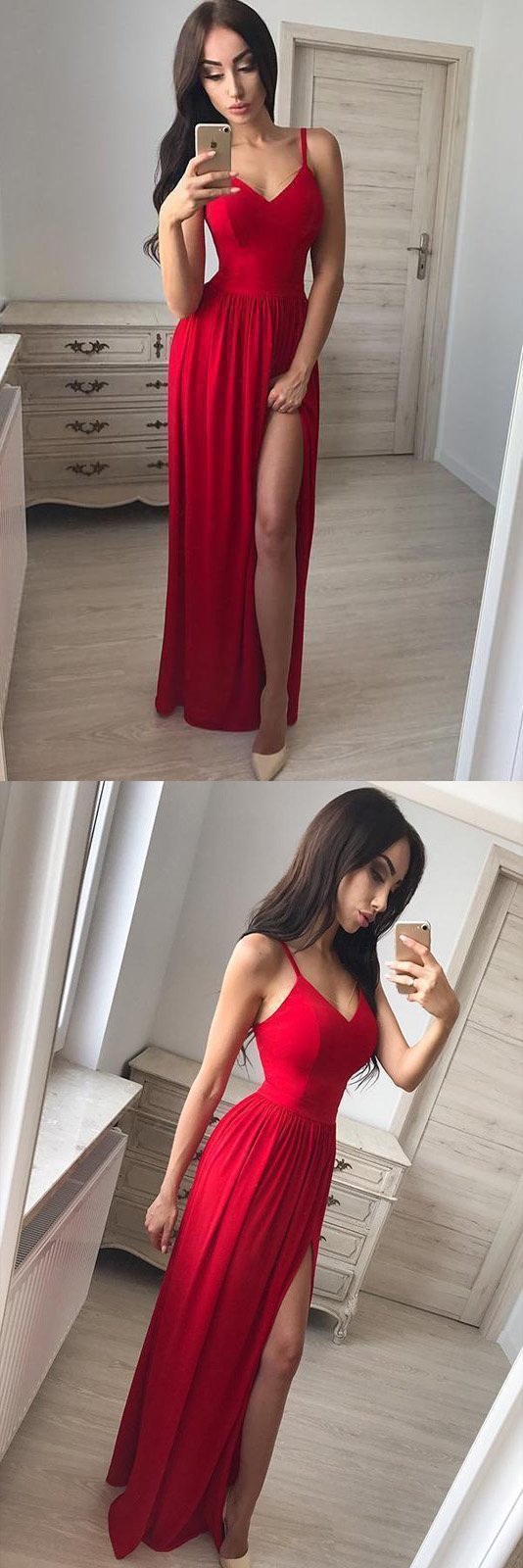 Simple A line Red Spaghetti Straps Prom Dresses V Neck Side Slit Evening Dresses