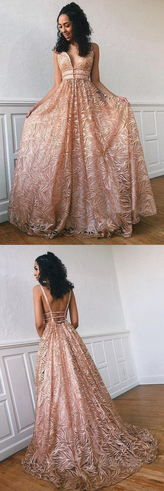 Simple Lace Open Back Evening Dresses, A Line Deep V Neck Long Prom Dresses