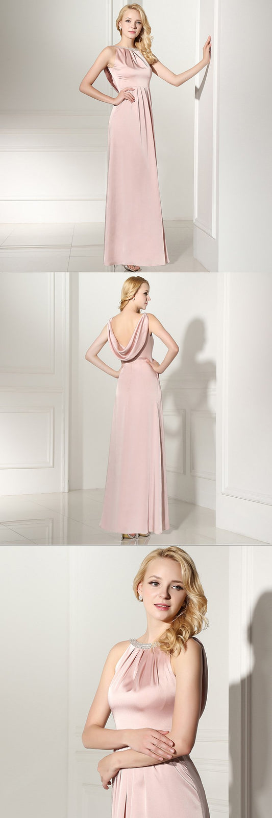 Simple Pink Long Prom Dresses Backless Evening Dresses A-Line Formal Dresses