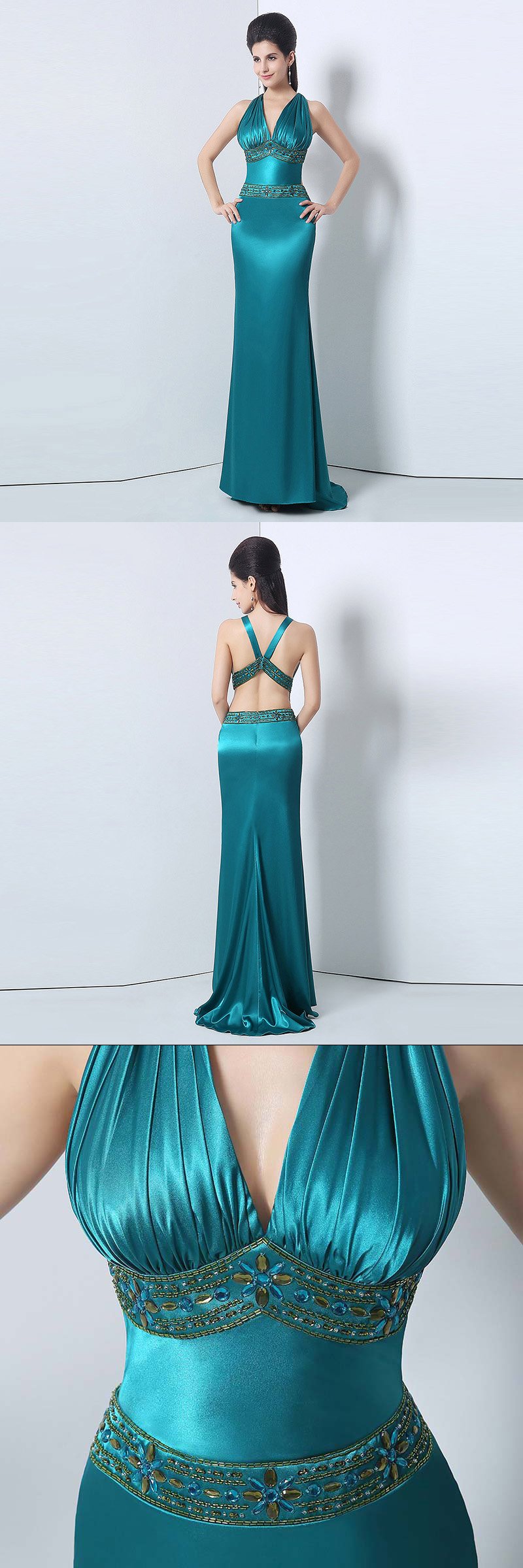 Stylish V-Neck Long Prom Dresses Beaded Mermaid Evening Dresses Backless Formal Dresses